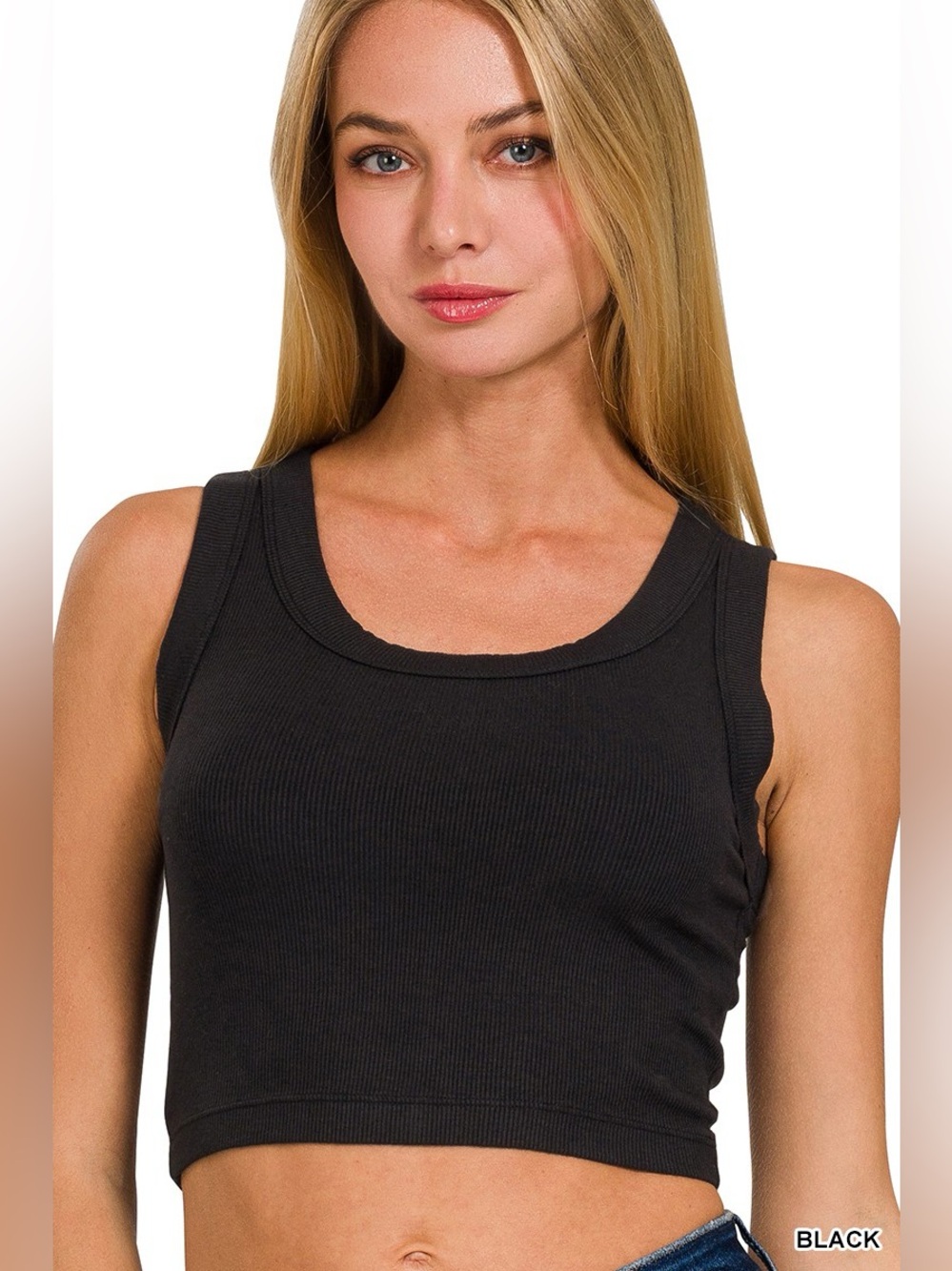 Zenana Ribbed Scoop Neck Cropped Tank Top Black S M L Stretch Basic🛍️